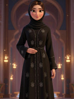Jubbiya Womens Black Stone Work Abaya (Scarf & Belt)